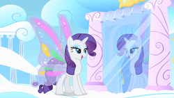 Size: 1280x720 | Tagged: safe, imported from derpibooru, screencap, rarity, pony, unicorn, sonic rainboom (episode), female, glimmer wings, mare, mirror, reflection, solo