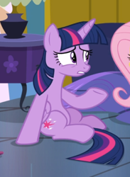 Size: 442x603 | Tagged: safe, imported from derpibooru, screencap, fluttershy, twilight sparkle, alicorn, pegasus, pony, a health of information, cropped, female, looking at each other, mare, offscreen character, on floor, raised hoof, sitting, solo focus, twilight sparkle (alicorn), underhoof, unsure