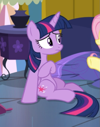 Size: 481x611 | Tagged: safe, imported from derpibooru, screencap, fluttershy, twilight sparkle, alicorn, pegasus, pony, a health of information, cropped, female, looking at each other, mare, offscreen character, on floor, raised hoof, sitting, solo focus, twilight sparkle (alicorn)