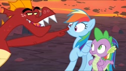 Size: 1280x720 | Tagged: safe, imported from derpibooru, screencap, garble, rainbow dash, spike, dragon, pegasus, pony, shadow play, boop, female, lava, male, mare, tempting fate, this will end in pain, this will not end well