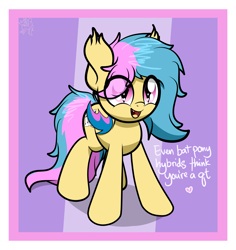 Size: 3553x3761 | Tagged: safe, artist:kimjoman, artist:php142, imported from derpibooru, oc, oc only, oc:phyra, bat pony, pony, cute, happy, heart, heart eyes, looking up, male, positive message, solo, text, wingding eyes