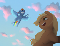 Size: 2592x1998 | Tagged: safe, artist:katputze, imported from derpibooru, applejack, rainbow dash, earth pony, pegasus, pony, cloud, cute, duo, female, flying, hatless, mare, missing accessory, sky, smiling