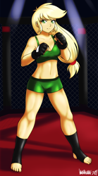 Size: 2500x4500 | Tagged: safe, artist:danmakuman, imported from derpibooru, part of a set, applejack, human, equestria girls, anime, barefoot, boxing ring, breasts, clothes, commission, feet, female, fingerless gloves, gloves, humanized, mma, solo, sports bra, sports shorts, ufc