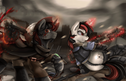 Size: 3509x2254 | Tagged: safe, artist:pridark, imported from derpibooru, oc, oc only, oc:blackjack, pony, unicorn, fallout equestria, fallout equestria: project horizons, 2014, blood, clothes, cloud, cloudy, commission, cowboy hat, cutie mark, fanfic, fanfic art, female, glowing horn, grin, gun, hat, high res, hooves, horn, jumpsuit, level 2 (project horizons), levitation, magic, mare, pipbuck, prosthetics, smiling, telekinesis, vault suit, wasteland, weapon