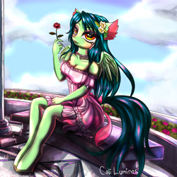 Size: 4000x4000 | Tagged: safe, artist:cali luminos, imported from derpibooru, oc, oc only, oc:natiilumi, anthro, pegasus, unguligrade anthro, anthro oc, breasts, clothes, dream, dress, female, jewelry, necklace, signature, solo