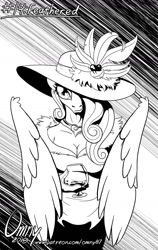 Size: 800x1267 | Tagged: safe, artist:omny87, imported from derpibooru, princess cadance, anthro, series:ink's warming eve, black and white, breasts, cleavage, clothes, dress, female, folded wings, glass, grayscale, hair over one eye, hat, monochrome, signature, solo, wine glass, wings