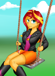 Size: 2300x3200 | Tagged: safe, artist:zachc, imported from derpibooru, sunset shimmer, human, equestria girls, clothes, cloud, female, looking at you, simple background, solo, swing