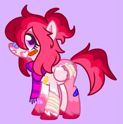 Size: 951x962 | Tagged: safe, artist:unicorn-mutual, imported from derpibooru, oc, oc only, pegasus, pony, bandage, bandaid, bandaid on nose, clothes, female, mare, purple background, scarf, simple background, solo