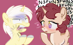 Size: 600x372 | Tagged: safe, artist:sinamuna, imported from derpibooru, oc, oc:pepper dust, oc:sunset skies, deer pony, original species, pony, unicorn, unideer, au:equuis, age regression, base used, blushing, boku no pico, colt, couple, dirty thoughts, doki doki literature club, gay, heart, heart eyes, inside joke, loading, male, male focus, pico (boku no pico), shaking, solo focus, tamotsu, text, thought bubble, video game reference, wingding eyes, young, younger