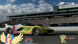 Size: 480x270 | Tagged: safe, artist:forzaveteranenigma, imported from derpibooru, oc, oc:golden gates, pony, fanfic:equestria motorsports, babscon, babscon mascots, california, car, driving, ferrari, ferrari fxx k, ferrari laferrari, forza motorsport 7, infineon raceway, laferrari, laferrari fxx-k, motorsport, photo, race track, racing, sonoma, sonoma raceway, supercar, watermark