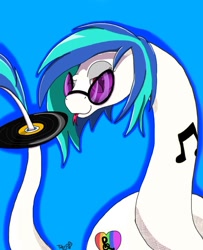 Size: 768x945 | Tagged: safe, artist:mixdaponies, imported from derpibooru, dj pon-3, vinyl scratch, original species, snake, :3, :p, alternative cutie mark placement, blue background, cute, female, implied lesbian, implied scratchtavia, implied shipping, lidded eyes, looking at you, prehensile tail, silly, simple background, slit eyes, slit pupils, smiling, smirk, snek, solo, species swap, sunglasses, tail hold, tongue out, vinyl, vinylbetes