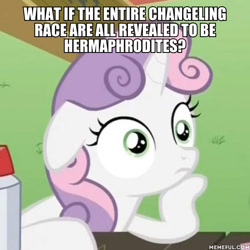 Size: 600x600 | Tagged: safe, edit, edited screencap, imported from derpibooru, screencap, sweetie belle, pony, ponyville confidential, caption, exploitable meme, image macro, meme, memeful.com, obligatory pony, sudden clarity sweetie belle, text