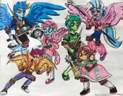 Size: 3445x2704 | Tagged: safe, artist:bozzerkazooers, imported from derpibooru, gallus, ocellus, sandbar, silverstream, smolder, yona, equestria girls, dual sword, equestria girls-ified, fan, mace, ninja, ponied up, student six, sword, tanto, traditional art, weapon