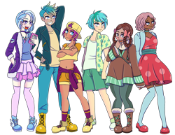 Size: 3300x2550 | Tagged: safe, artist:sammikuma, imported from derpibooru, gallus, ocellus, sandbar, silverstream, smolder, yona, human, :d, belly button, blushing, boots, cardigan, cellphone, choker, clothes, converse, dark skin, dress, female, flats, grin, hat, hoodie, humanized, jacket, jeans, jewelry, light skin, looking at you, male, midriff, necklace, open mouth, pants, phone, shoes, short dress, shorts, simple background, skirt, smiling, smirk, sneakers, socks, stockings, student six, thigh highs, tomboy, transparent background, zettai ryouiki