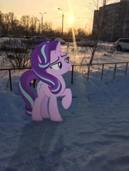 Size: 1620x2160 | Tagged: safe, artist:albertuha, imported from derpibooru, starlight glimmer, pony, unicorn, female, frown, irl, mare, photo, ponies in real life, smiling, snow, solo, winter