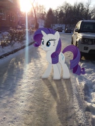 Size: 1620x2160 | Tagged: safe, artist:albertuha, imported from derpibooru, rarity, pony, unicorn, car, female, irl, mare, photo, ponies in real life, russia, smiling, snow, solo, winter