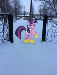 Size: 1620x2160 | Tagged: safe, artist:albertuha, imported from derpibooru, twilight sparkle, pony, unicorn, female, fence, frown, irl, mare, mcdonald's, photo, ponies in real life, raised hoof, smiling, snow, solo, unicorn twilight, winter