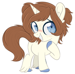 Size: 600x592 | Tagged: safe, artist:sinamuna, imported from derpibooru, oc, oc only, oc:bluebelle, pony, unicorn, au:equuis, base used, blue eyes, blushing, colored hooves, female, filly, freckles, horn, mare, parent:reese dream, parent:sugar glaze, parents:sugareese, pigtails, redesign, smiling, solo, updated design