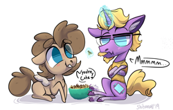 Size: 3204x2040 | Tagged: safe, artist:shibaroll, imported from derpibooru, oc, oc only, oc:chickenwing, oc:happypenguinink, pegasus, pony, unicorn, art, blue eyes, cartoon, chewing, couple, crossed hooves, dialogue, duo, eating, food, glasses, hoof tapping, illustration, magic, oc x oc, popcorn, shipping, static, talking, text, yellowmane