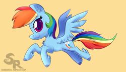 Size: 3773x2160 | Tagged: safe, artist:shibaroll, imported from derpibooru, rainbow dash, pegasus, pony, art, chibi, cutie mark, digital, digital art, feathered fetlocks, feathered hooves, flight, flying, multicolored mane, simple background, spread wings, violet eyes, wings