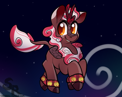 Size: 2694x2160 | Tagged: safe, artist:shibaroll, imported from derpibooru, oc, kirin, adoptable, art, bells, bg, christmas, digital art, flying, hearth's warming, holiday, multicolored mane, night, night sky, orange eyes, simple background, sky, solo