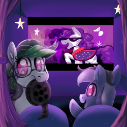 Size: 2550x2550 | Tagged: safe, artist:shibaroll, imported from derpibooru, nightshade, oc, oc:frontpage, oc:sharpfocus, pony, 2019, art, convention mascots, curtain, curtains, darklit, duo, everfreenw, film reel, hat, illustration, movie, movietheater, pink eyes, purplle, redesign, visor