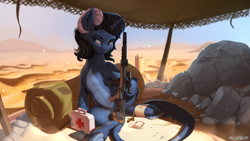 Size: 1920x1080 | Tagged: safe, artist:discordthege, imported from derpibooru, oc, oc only, oc:zephyr tone, pony, commission, desert, first aid kit, gun, male, rifle, rock, sand, solo, tower, unshorn fetlocks, weapon