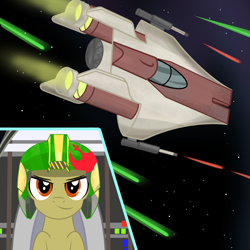 Size: 2500x2500 | Tagged: safe, artist:pizzamovies, derpibooru exclusive, imported from derpibooru, oc, oc only, oc:twister breeze, pony, a-wing, brown eyes, cockpit, helmet, laser, male, rebellion, solo, space, spaceship, star wars, starfighter