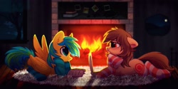 Size: 2828x1414 | Tagged: safe, artist:mirtash, imported from derpibooru, oc, oc only, oc:fun fact, oc:jade melody, earth pony, pegasus, pony, blushing, book, clothes, commission, duo, female, fireplace, floppy ears, heart, heart eyes, looking at each other, mare, notebook, rcf community, smiling, socks, striped socks, tree, window, wingding eyes