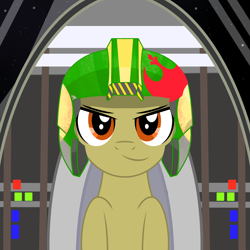 Size: 2500x2500 | Tagged: safe, artist:pizzamovies, derpibooru exclusive, imported from derpibooru, oc, oc only, oc:twister breeze, pony, brown eyes, cockpit, grin, helmet, looking at you, male, pilot, rebellion, smiling, solo, space, space ship, stallion, star wars, stars