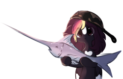 Size: 1010x649 | Tagged: safe, artist:little-sketches, artist:php146, imported from derpibooru, oc, oc only, oc:ayaka, pegasus, pony, alternate design, eye clipping through hair, female, mare, pan, simple background, solo, swordfish, white background