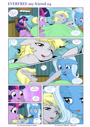 Size: 5784x8176 | Tagged: safe, artist:jeremy3, imported from derpibooru, derpy hooves, trixie, twilight sparkle, alicorn, earth pony, pegasus, pony, unicorn, comic:everfree, comic:everfree my friend, absurd resolution, alternate universe, bandage, bed, bedroom, boop, comic, engrish, female, licorn, ponyville hospital, sleeping, twilight sparkle (alicorn), updated