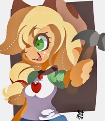 Size: 908x1044 | Tagged: safe, artist:tohupo, imported from derpibooru, applejack, diy with applejack, equestria girls, equestria girls series, spoiler:eqg series (season 2), applejack's hat, clothes, cowboy hat, cute, female, freckles, geode of super strength, hammer, hat, magical geodes, one eye closed, open mouth, scene interpretation, shirt, solo, that was fast, wink