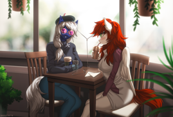 Size: 1700x1153 | Tagged: safe, artist:margony, imported from derpibooru, oc, oc only, anthro, bat pony, pegasus, bat pony oc, cafe, chair, clothes, coffee, cup, drinking, duo, glasses, looking at you, morning ponies, pants, sitting, straw, table