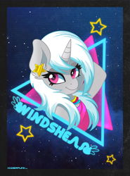 Size: 1200x1622 | Tagged: safe, artist:ciderpunk, imported from derpibooru, oc, oc only, oc:windshear, pony, 80s, bust, ear piercing, earring, jewelry, looking at you, neon, piercing, solo, synthwave