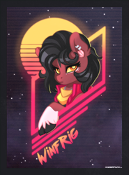 Size: 1200x1622 | Tagged: safe, artist:ciderpunk, imported from derpibooru, oc, oc only, oc:winfrig, pony, 80s, bandana, bust, clothes, looking at you, neon, solo, synthwave, vest