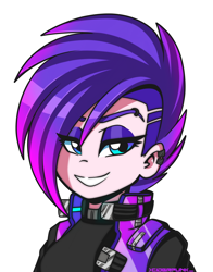 Size: 1500x1910 | Tagged: safe, artist:ciderpunk, imported from derpibooru, oc, oc only, oc:synthwave, human, bust, clothes, cyberpunk, ear piercing, earring, eyeshadow, humanized, humanized oc, jewelry, makeup, piercing, vest