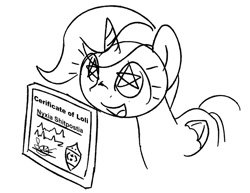 Size: 879x679 | Tagged: safe, artist:anonymous, imported from derpibooru, oc, oc:nyx, alicorn, pony, /mlp/, 4chan, certificate, drawthread, female, filly, graduation certificate, starry eyes, vulgar, wingding eyes