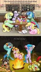 Size: 2670x4708 | Tagged: safe, artist:poseidonathenea, imported from derpibooru, oc, oc only, earth pony, pegasus, pony, unicorn, armpits, bonfire, book, book club, bowtie, burger, chair, coffee shop, context is for the weak, cupcake, fire, food, glasses, hay burger, insanity, ketchup, mind control, mustard, nun, sauce, sharp teeth, sims 4, teeth, we don't normally wear clothes