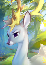 Size: 1060x1500 | Tagged: safe, artist:tomatocoup, imported from derpibooru, princess celestia, deer, antlers, butt fluff, colored pupils, crepuscular rays, cute, cutelestia, deerified, deerlestia, doe, ear fluff, female, fluffy, forest, nature, neck fluff, shoulder fluff, solo, species swap, tail fluff