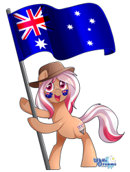 Size: 2222x2932 | Tagged: safe, artist:xwhitedreamsx, imported from derpibooru, oc, oc only, earth pony, pony, australia, bipedal, female, flag, freckles, mare, open mouth, simple background, smiling, solo, transparent background, underhoof