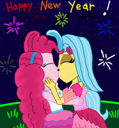 Size: 1500x1610 | Tagged: safe, artist:bigpurplemuppet99, imported from derpibooru, pinkie pie, princess skystar, equestria girls, equestria girls series, my little pony: the movie, equestria girls-ified, female, happy new year, holiday, kissing, lesbian, shipping, skypie