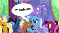 Size: 540x304 | Tagged: safe, artist:lulamxxn, edit, edited screencap, imported from derpibooru, screencap, berry punch, berryshine, carrot top, cherry berry, golden harvest, goldengrape, meadow song, sir colton vines iii, trixie, earth pony, pony, unicorn, celestial advice, autism, autism spectrum disorder, autistic trixie, broken english, cape, clothes, equestrian pink heart of courage, female, hat, headcanon, mare, misspelling, neurodivergent, neurodivergent headcanon, op is a duck, op is trying to start shit, op is trying too hard, solo focus, underhoof