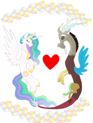 Size: 1500x1995 | Tagged: safe, alternate version, artist:mr100dragon100, imported from derpibooru, discord, princess celestia, clothes, design, dislestia, female, male, second version, shipping, shirt, straight, t-shirt