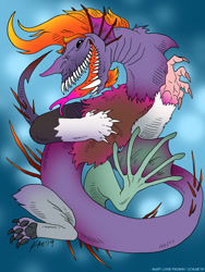 Size: 900x1200 | Tagged: safe, artist:kaemantis, imported from derpibooru, oc, oc only, oc:chicanery, draconequus, blue background, crack ship offspring, draconequus oc, ear fins, fangs, interspecies offspring, magical gay spawn, monster, offspring, open mouth, parent:discord, parent:steven magnet, paw pads, simple background, solo, tongue out