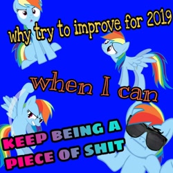 Size: 1440x1440 | Tagged: safe, imported from derpibooru, rainbow dash, pegasus, pony, 2019, :<, :i, blue background, faic, female, flying, frown, glare, grin, happy new year, head tilt, holiday, looking at you, mare, meme, op is a duck, punch, rainbow douche, raised eyebrow, sad, shitposting, shrug, shrugpony, simple background, smiling, smirk, spread wings, sunglasses, text, uppercut, vulgar, wide eyes, wings