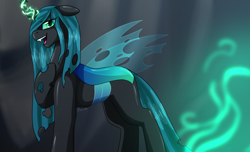 Size: 1848x1124 | Tagged: safe, artist:erroremma, imported from derpibooru, queen chrysalis, changeling, changeling queen, fangs, female, floppy ears, glowing eyes, green magic, hoof on chest, looking at you, mare, open mouth, queen, raised hoof, simple background, smiling, solo, standing, voice actor