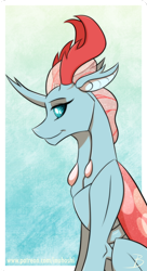 Size: 654x1200 | Tagged: safe, artist:inuhoshi-to-darkpen, imported from derpibooru, ocellus, changedling, changeling, changeling queen, blue background, compound eyes, female, older, older ocellus, queen ocellus, signature, simple background, smiling, solo