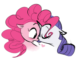 Size: 915x723 | Tagged: safe, artist:hattsy, imported from derpibooru, pinkie pie, rarity, earth pony, pony, unicorn, blushing, cute, eyes closed, female, heart, kissing, lesbian, mare, nose kiss, raripie, shipping, simple background, surprised, white background