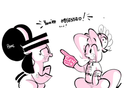 Size: 2018x1440 | Tagged: safe, artist:hattsy, imported from derpibooru, oc, oc:dunkie, oc:hattsy, earth pony, pony, clothes, crying, duo, fan, female, foam finger, freckles, hat, implied pinkie pie, mare, monochrome, obsession, shirt, simple background, t-shirt, tattoo, text, white background